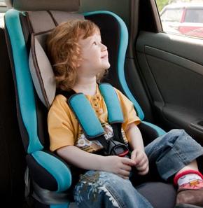 A child sitting in a safety seat in a car